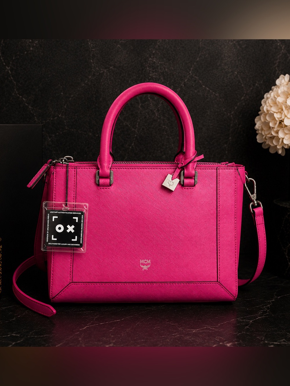 MCM Hot Pink Saffiano Leather Double Zip Satchel Crossbody Bag COA & Dust Bag